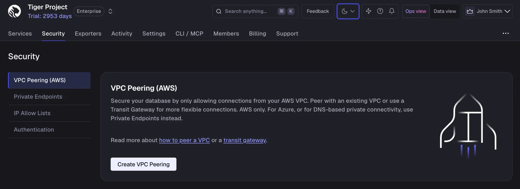 Creating a new peering VPC in Tiger Console