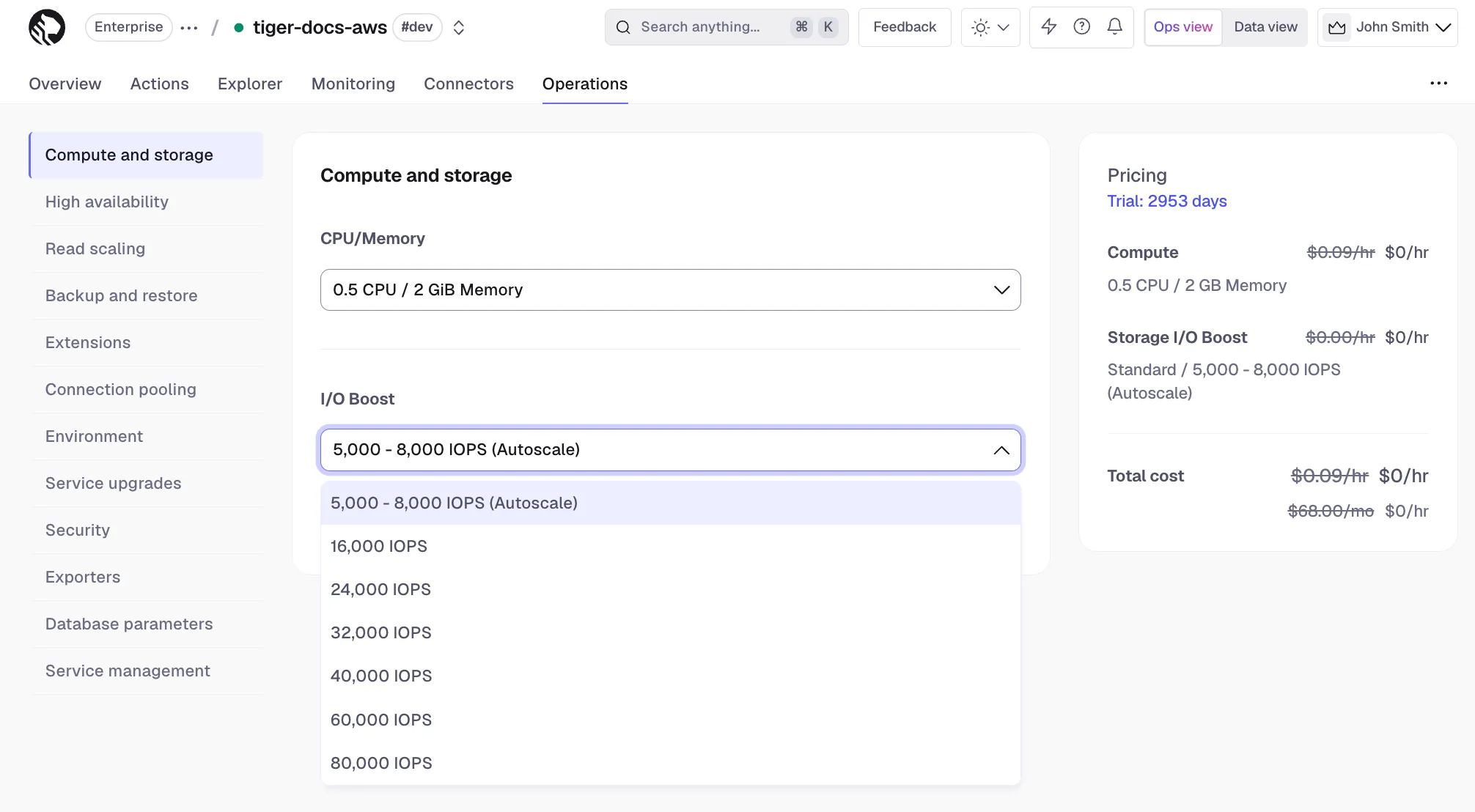High-performance storage options with I/O Boost in Tiger Console