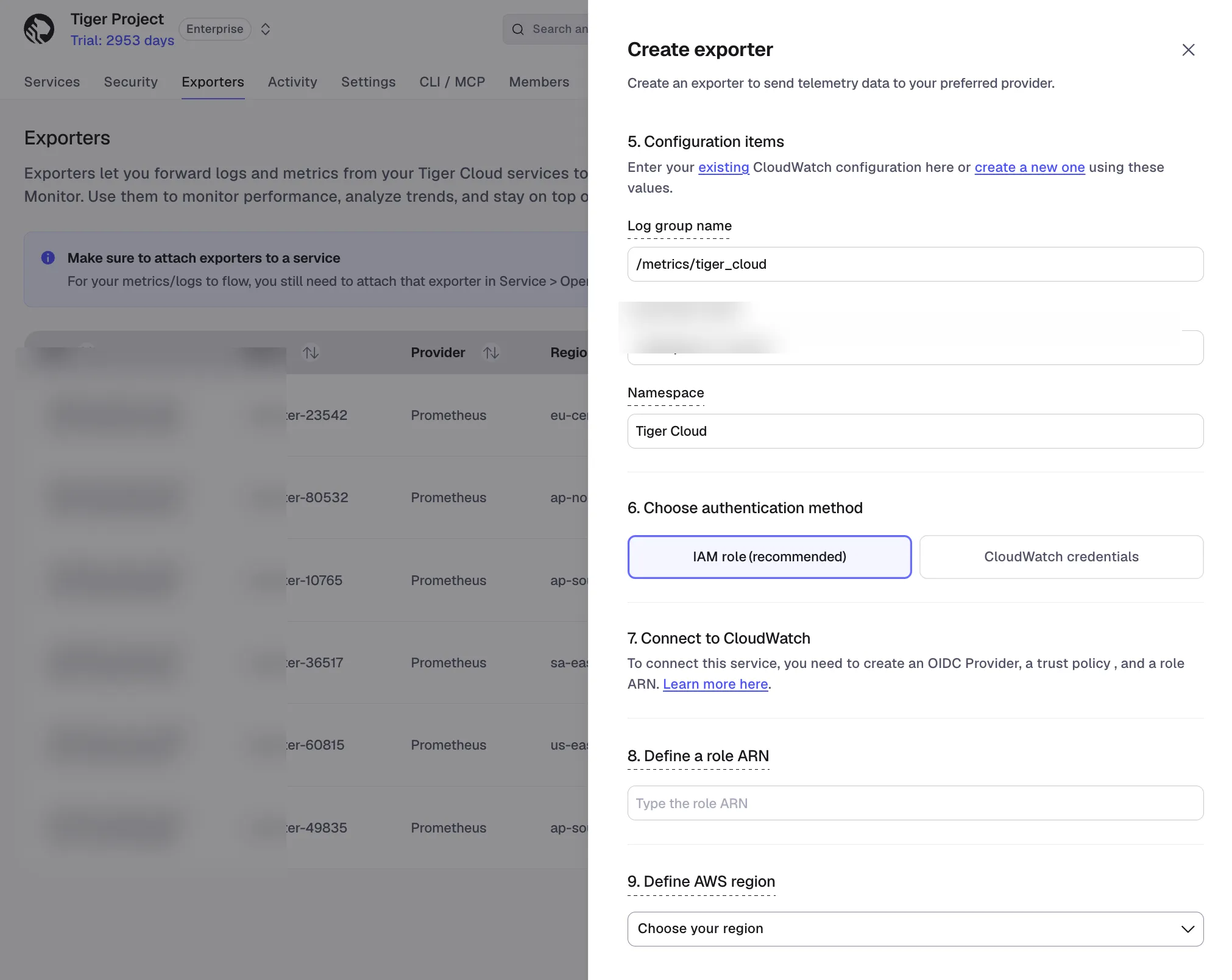 Configuring CloudWatch authentication in Tiger Console