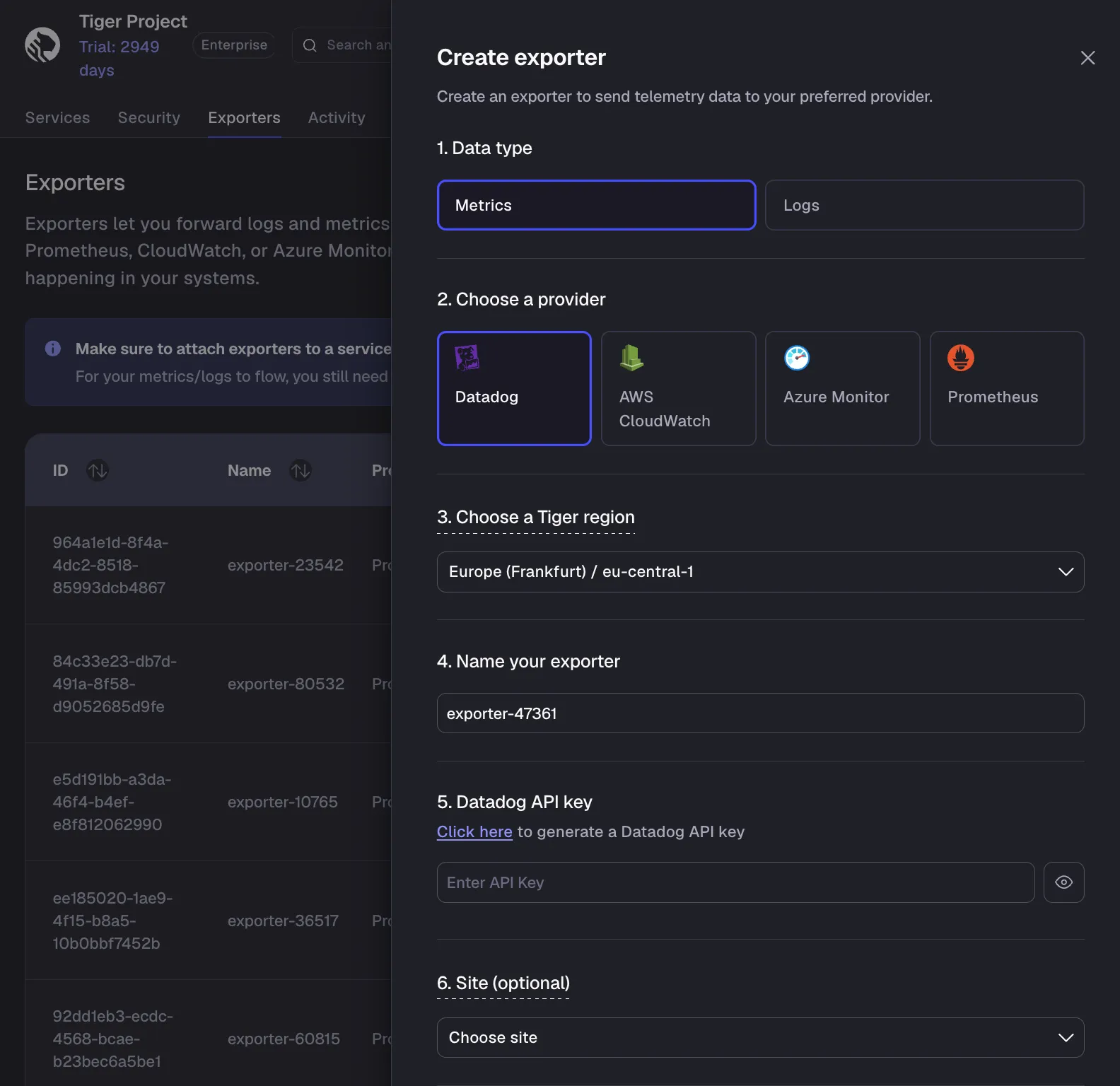 Adding a Datadog exporter in Tiger Console