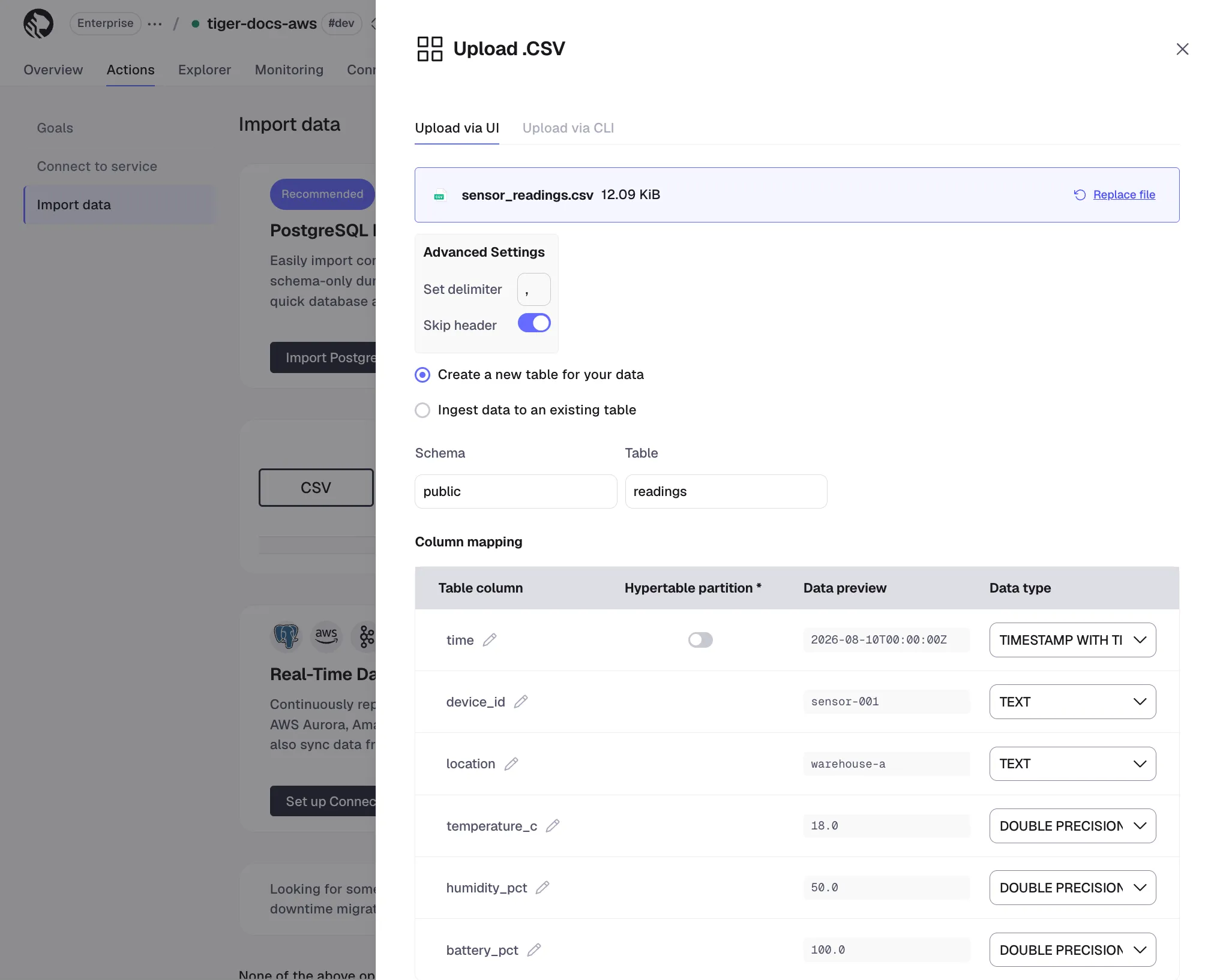 Configuring CSV file import settings in Tiger Console