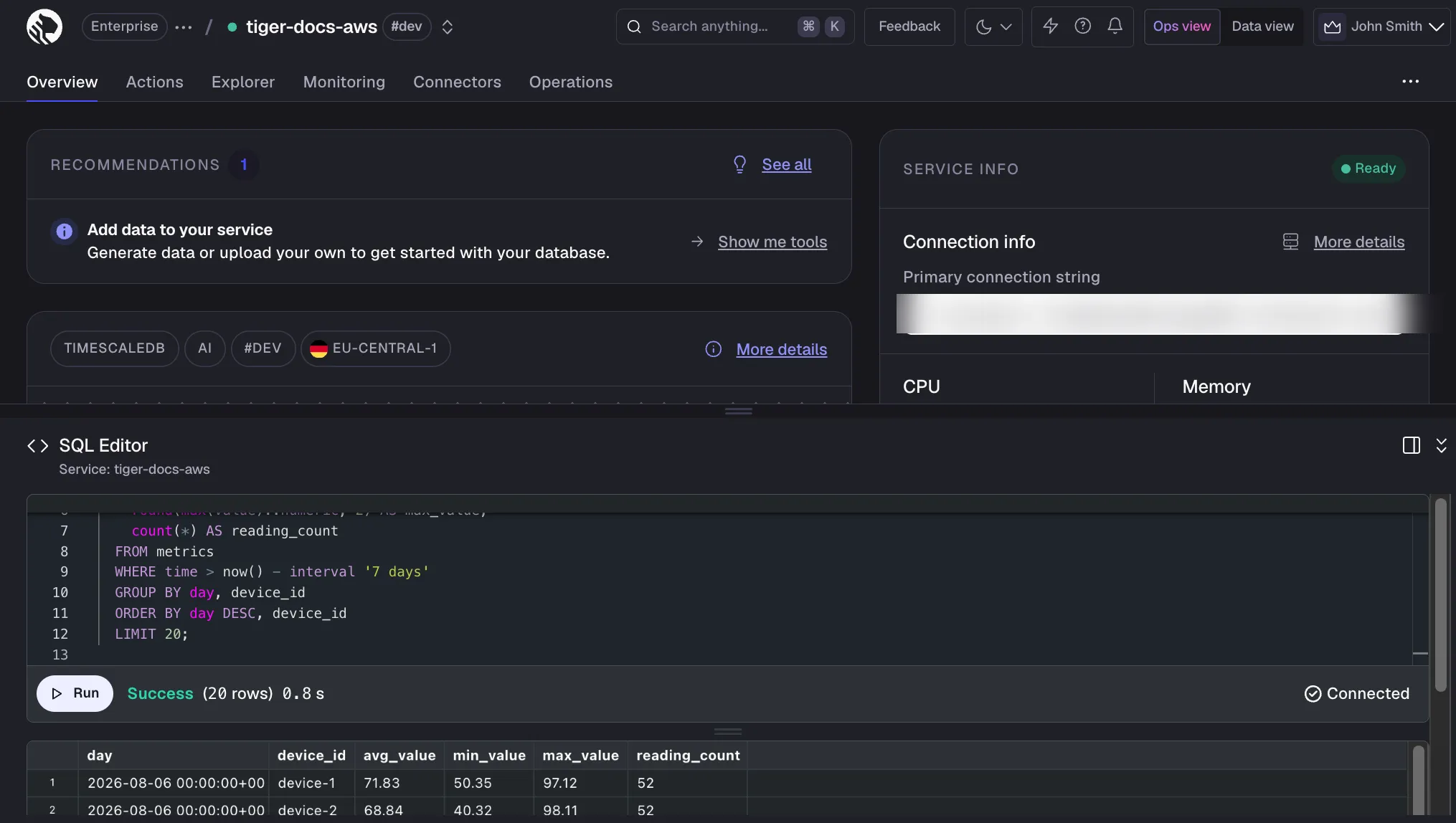 SQL editor in Tiger Console Ops mode