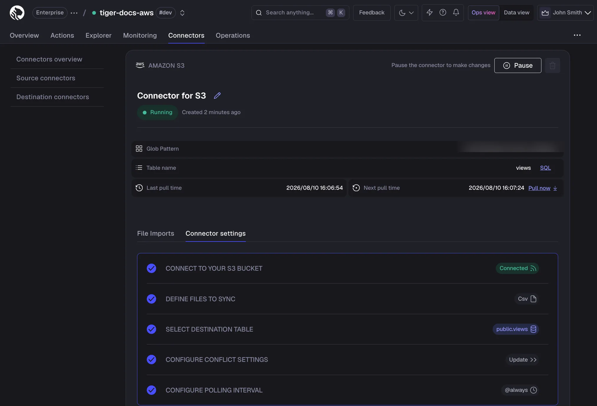 Editing S3 connector settings in Tiger Console